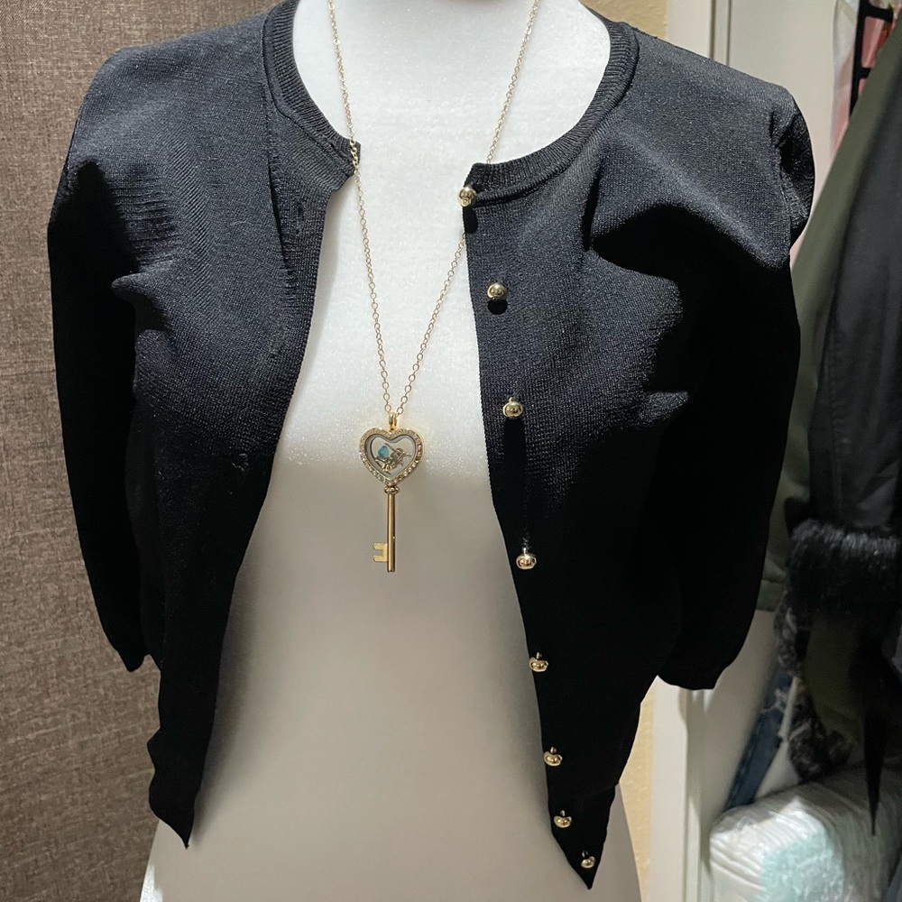 Carolina Herrera Black Short Sleeve Cardigan with Gold Buttons
